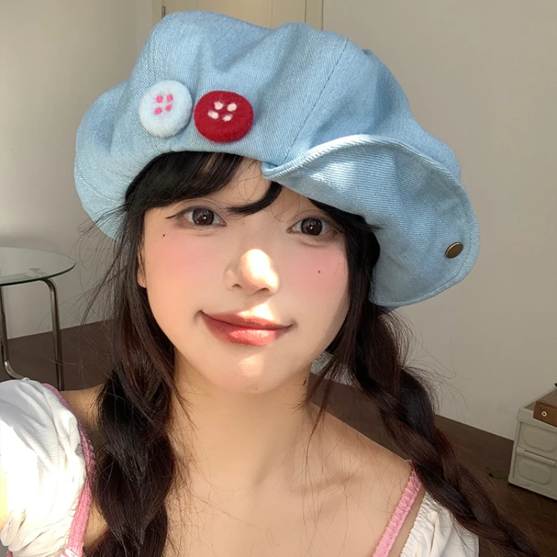 Personalized Felt Button Design Oversized Denim Berets for Women Summer Ins Korean Versatile Show Face Small Cloud Painter Hat