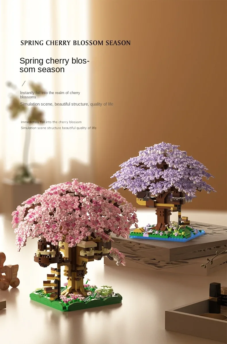 DIY Lila Romantische Kirschblüte Blume Rosa Baum Haus Montage Bausteine Klassisches Modell Miniatur Ziegel Sets Kind Geschenke – Detail 1