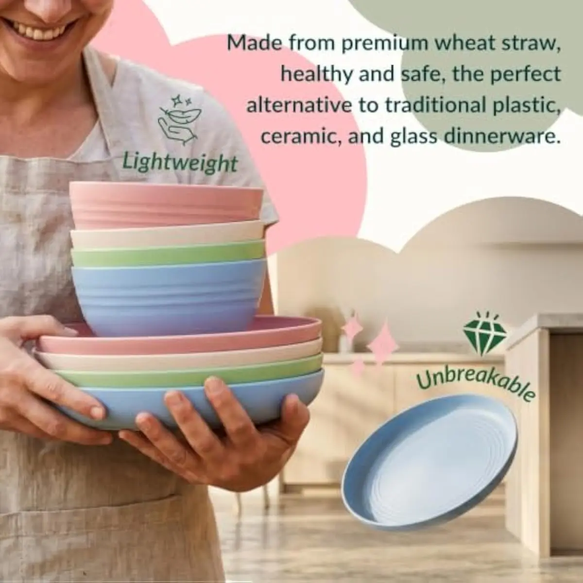 Wheat Straw Dinnerware Set 20 Pcs Includes Plates Cups Bowls Forks Spoons in Beige Pink Green Blue Smooth Edges Microwave Dishwa view 4