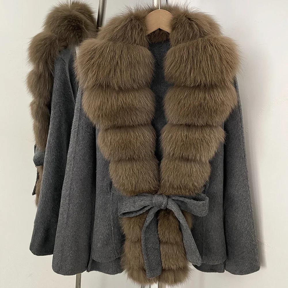 OFTBUY Damenmantel aus 100 % Wolle, neuer, warmer Wollmantel für den Winter, mit echtem Fuchspelzkragen, Revers und Gürtel, Wolljacke für Damen. – Detail 16