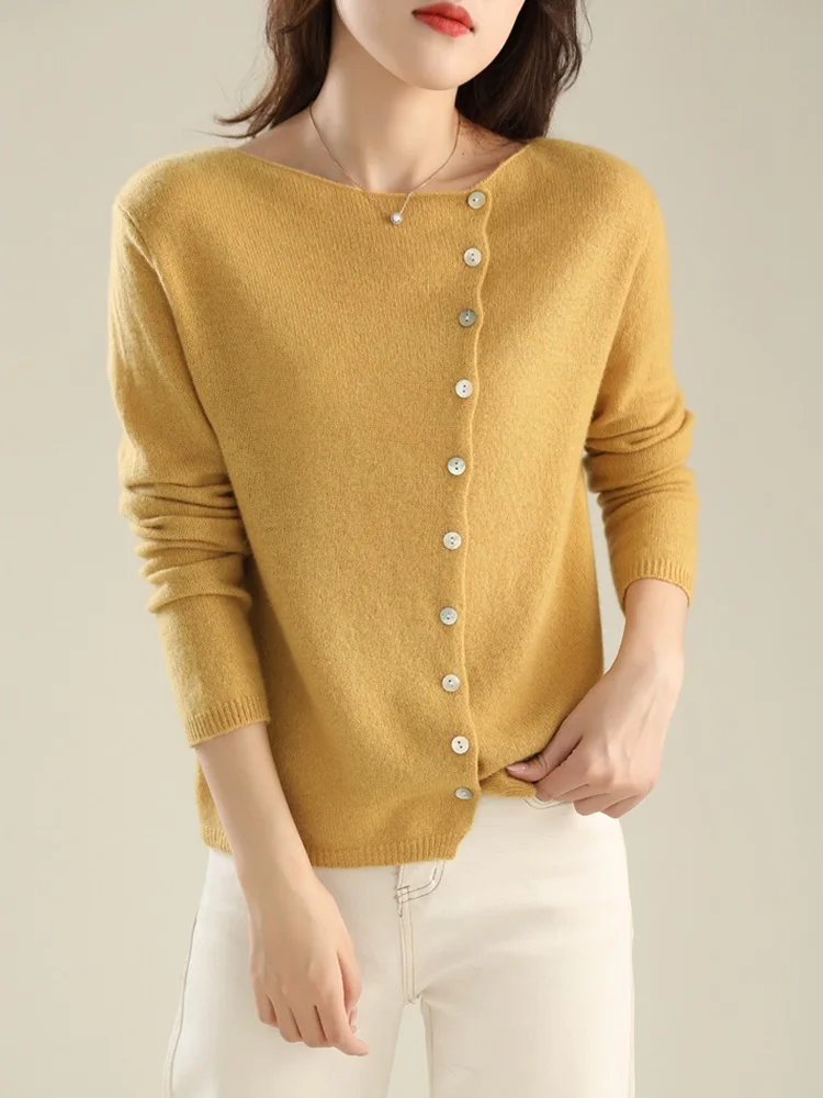 TuangBiang-cárdigan asimétrico con botones para mujer, jersey de lana con cuello redondo, Tops de punto Beige de un solo pecho de algodón, Otoño,