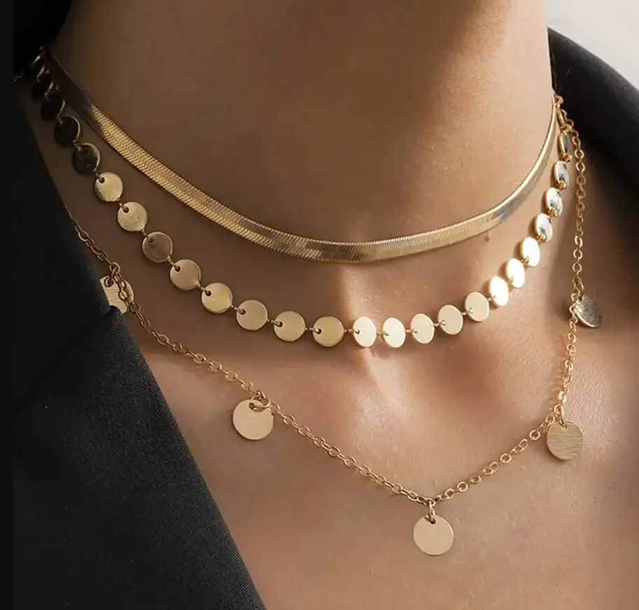 Retro Personality Gold Color Wafers Three Layers Necklace For Women Party Accessories Dangle Jewelry New Custom Jewelry