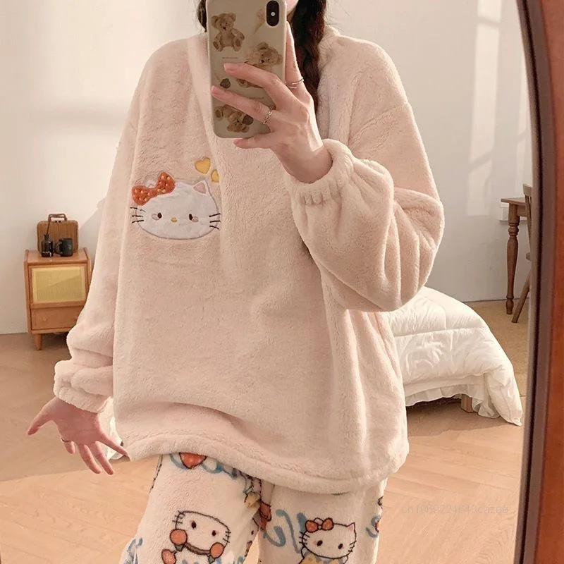 Sanrio Hello Kitty Pochacco Autumn Winter Pajama Girl Thick Coral Velvet Cute Student Home Clothes Simple Trend Casual Sleepwear