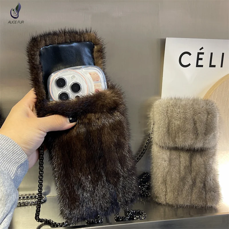 18*10 CM Warm Plush Natural Mink Fur Fluffy Protective Mobile Cell Phone Back Cover Case