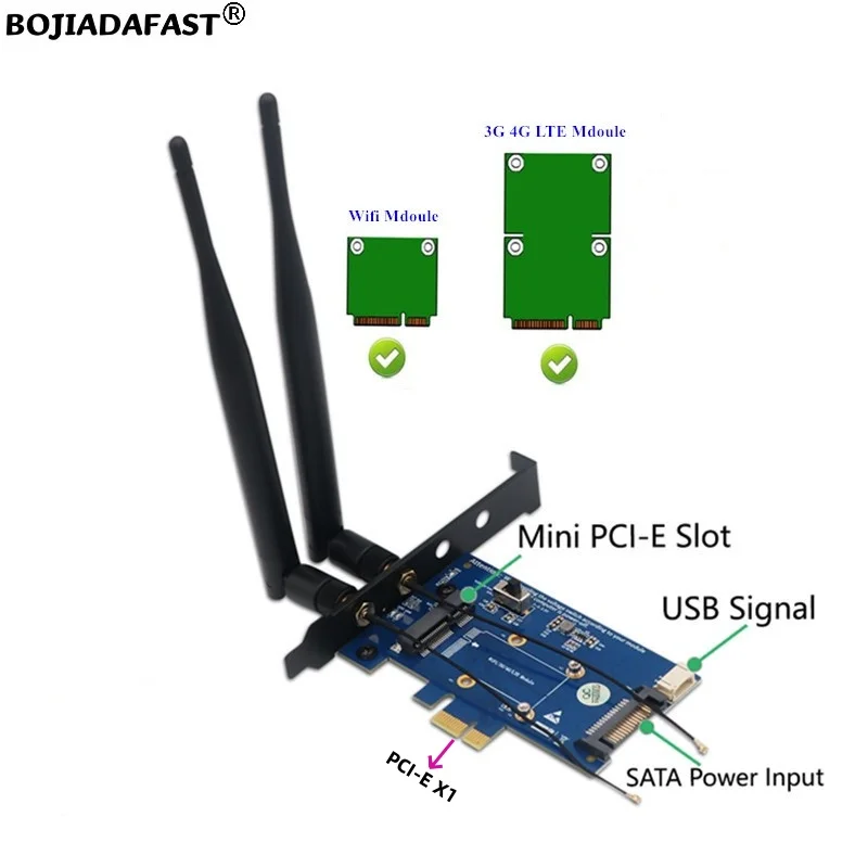 PCI Express PCIE 1X To Mini PCI-E MPCIe Wireless Adapter SIM Card Slot + 2 Antennas for 4G 3G LTE GSM Modem / Wifi BT Module