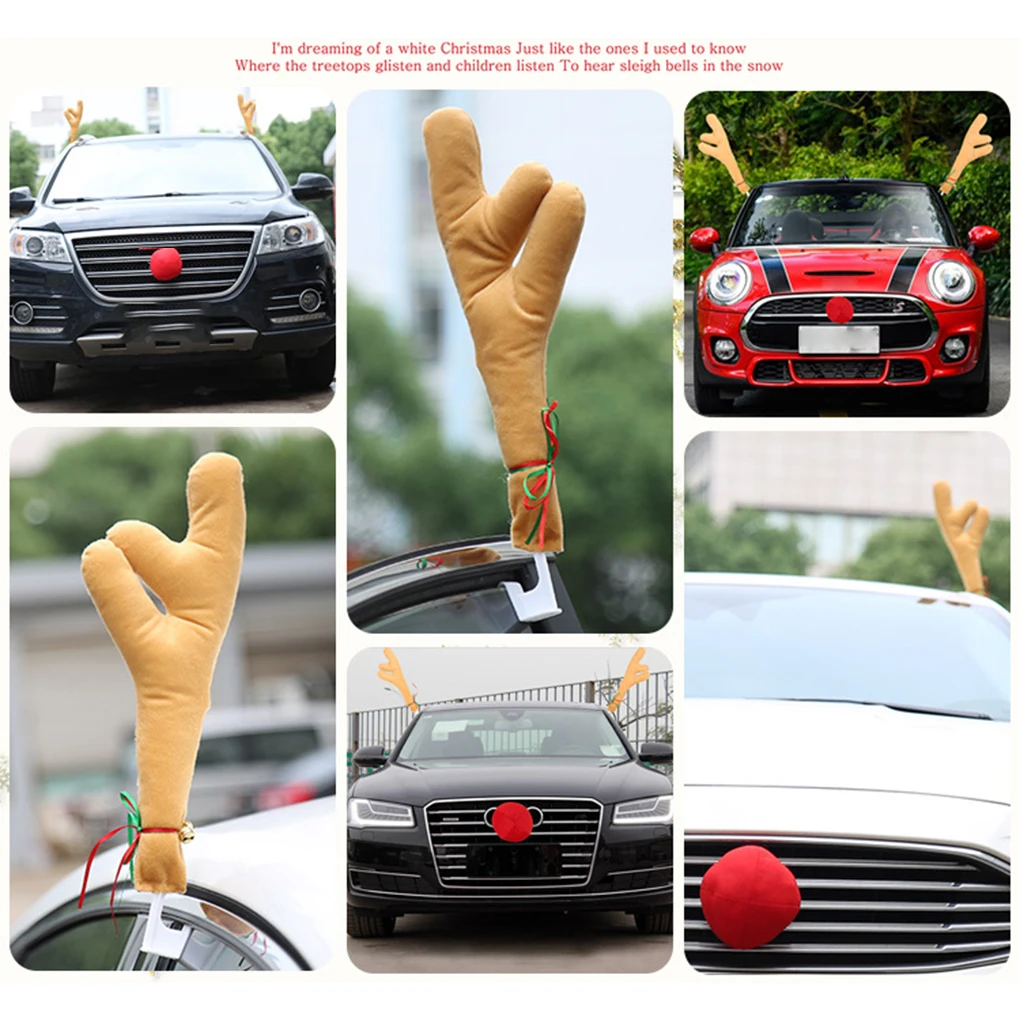 Reindeer Antlers And Nose Decoration For Vehicle Holiday Atmosphere Car Outfit Is Made Of Durable