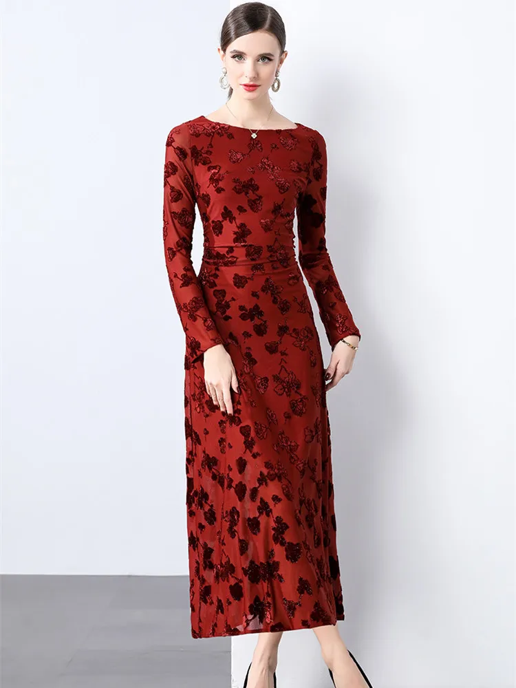 

2025 Spring Autumn Elegant Jacquard Flocking Slim Midi-length Dresses Women's O-neck Long Sleeve Party Prom Vestidos De mujer