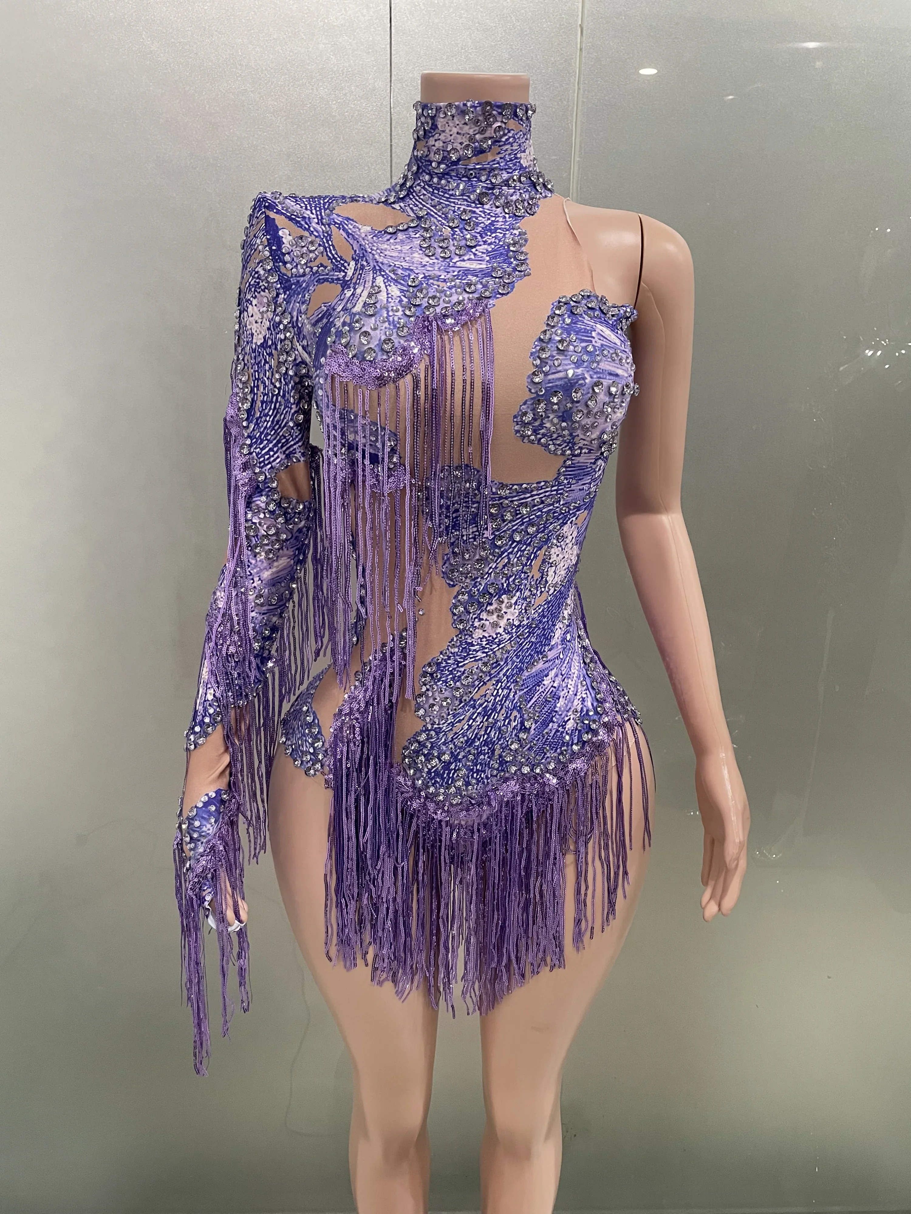 

Sparkly Rhinestone Women Bodysuits purple Single Shoulder Tassel Leotard Party Costume Nightclub FestivalsDrag Queen Outfit