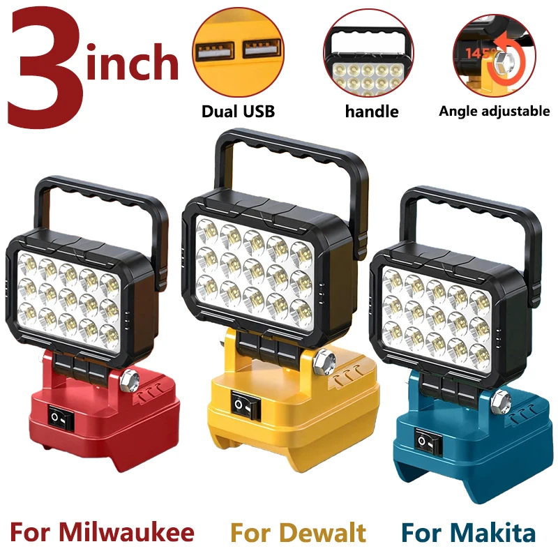 

3-inch LED Work Light For Makita/Milwaukee/Dewalt 18V Lithium-ion Battery With Handle And Double USB Charge port Flashlight lamp