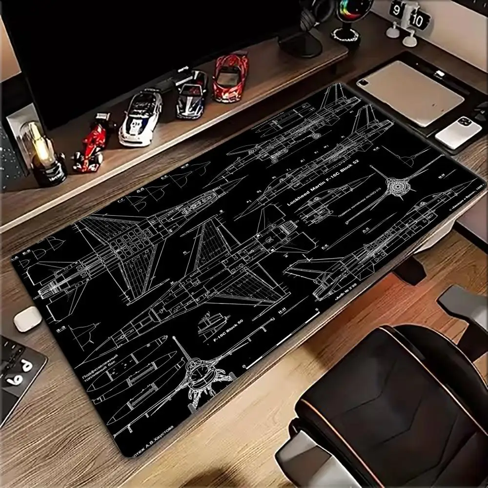 Large XXL Gaming Mouse Pad Desk Mat Keyboard Pad F16 Fighter Jet Aircraft Blueprint Military Diagram Print Non Slip Rubber Base