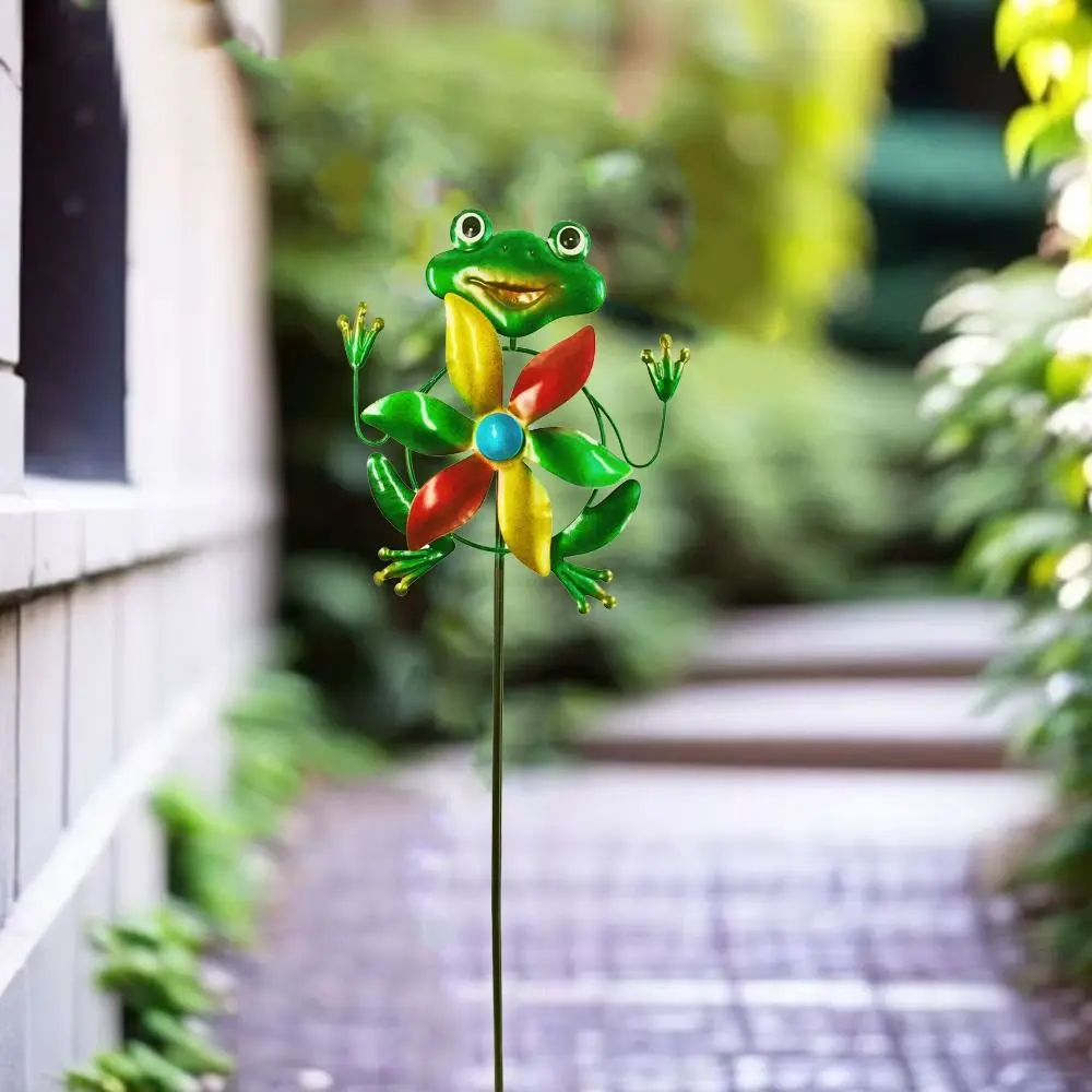 

Rotating Frog Shape Wind Spinner Removable Iron Metal Windmill Sculpture Creative Durable Gardening Plug Pinwheel Park
