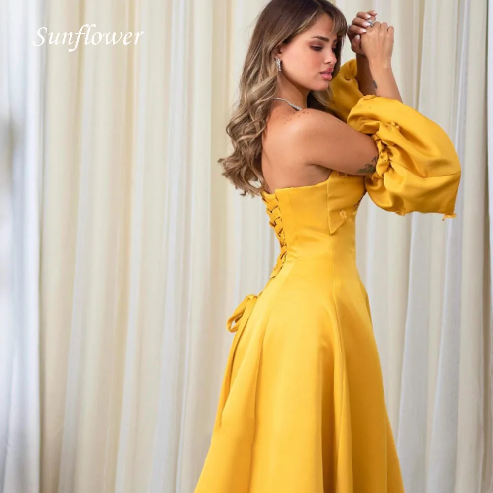 Vestidos de baile de cetim sem alças para mulheres, mangas inchadas, vestidos de noite simples, elegante vestido formal, 2023