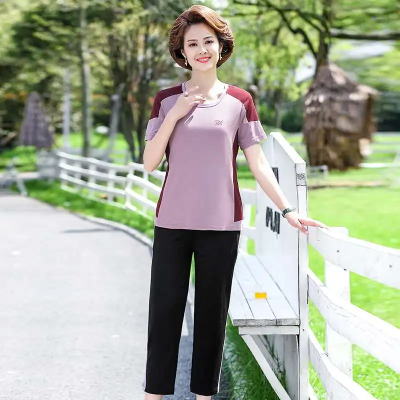 

M's Summer Cotton ort Sve Tirt Women's Middleaged Two Piece Set Thin Polyester Fiber Nine Points Pants Spring Summer