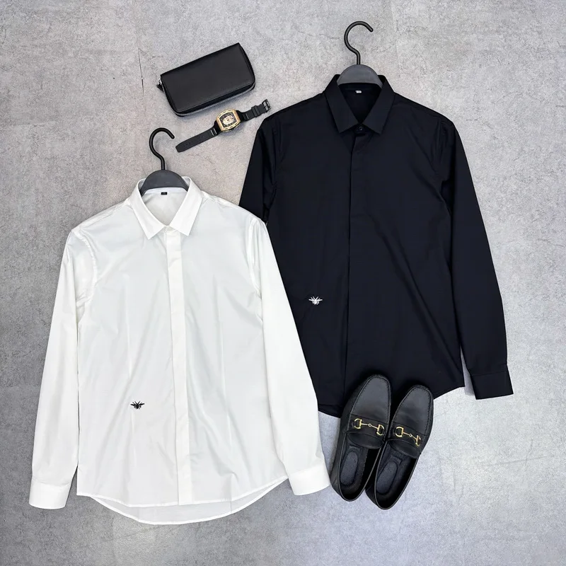 

Мужская модная рубашка с вышивкой пчелы, повседневная, с воротником, деловая, с длинным рукавом, трендовая, универсальная, приталенного кроя, для весны и осени