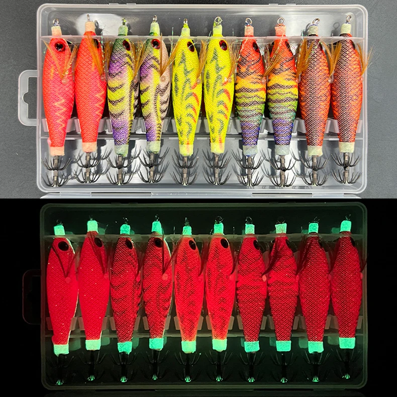 ShareShark 10 Stück/Box Leuchtende Horizontale Garnelen 8,6cm Holzgarnelen Tintenfischhaken Rundbauch-Garnelen-Köder Kunstköder – Detail 7