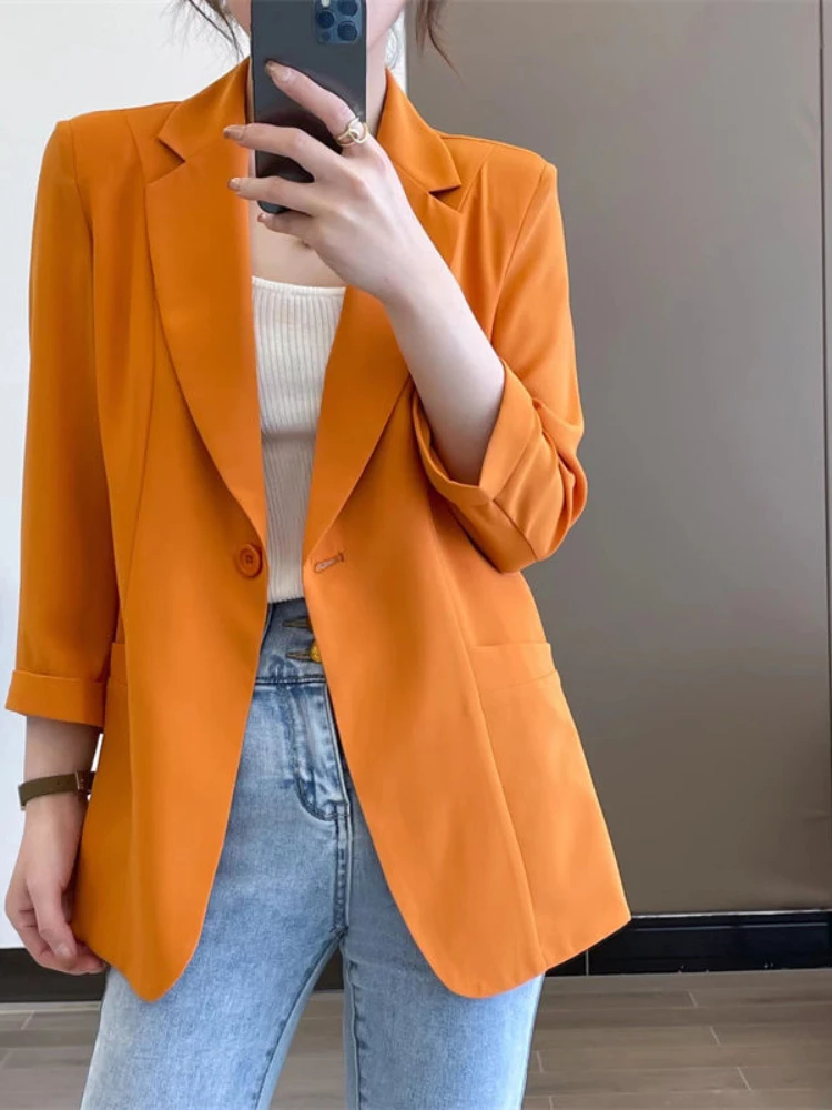 Women Chic Orange One Button Short Jacket Casual Tailored Collar Long Sleeved Pockets Cardigan Spring Lady Elegant Suit Coats