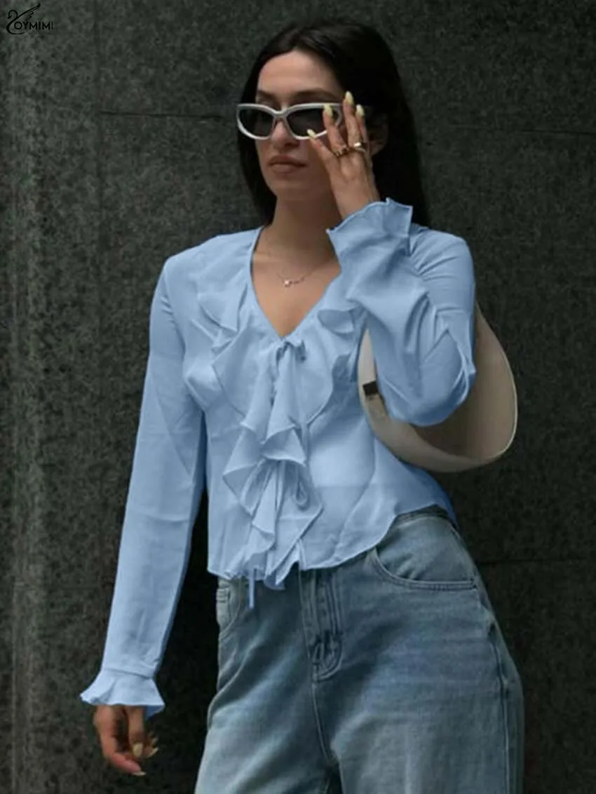 Oymimi Fashion Blue V-Neck Woman Blouses Autumn Casual Long Sleeve Ruffled Solid Blouses Elegant Lace-Up Slim Blouse Streetwear