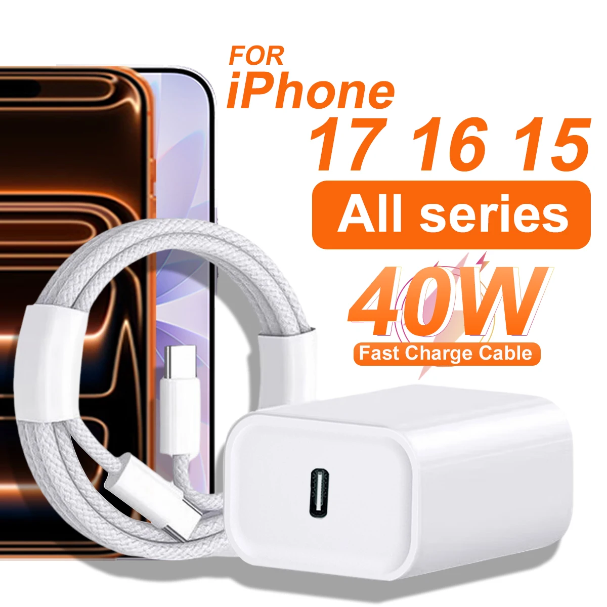 PD 40W Charger USB C Fast Charging Cable For iPhone 17 16 15 Pro Max Air Mini Type-C Data line Quick Phone Charger Power Adapter