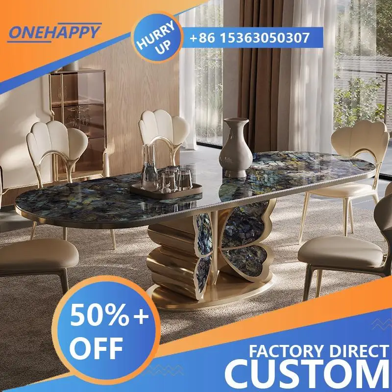 Any Size Custom Luxury Butterfly Design Natural Marble Dining Table Stainless Steel Base Durable High End Villa Dining Furniture