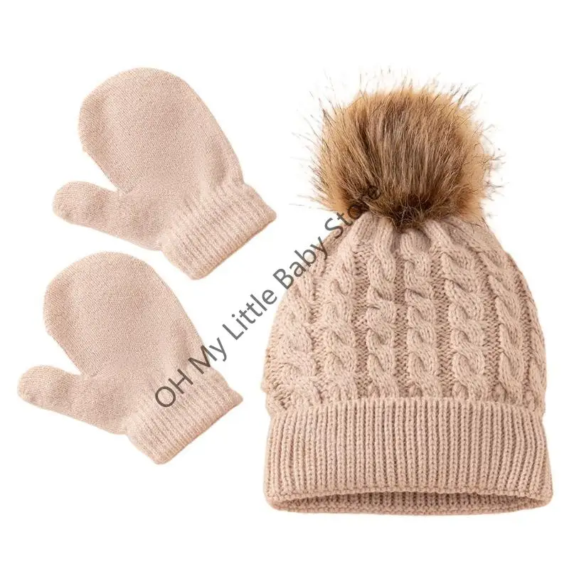

M76C Winter Warm Baby Solid Color Hat Gloves Set Fur Ball Cap Mitten Children Girls Boys Knitted Hemming Hat