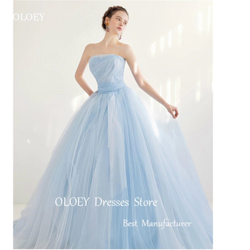 OLOEY-Robe de Soirée en Tulle Bleu Ciel, Tenue Élégante, Sans Bretelles, Manches sulfBouffantes, Corset au Dos, Formelle, pour Séance Photo, Style Coréen