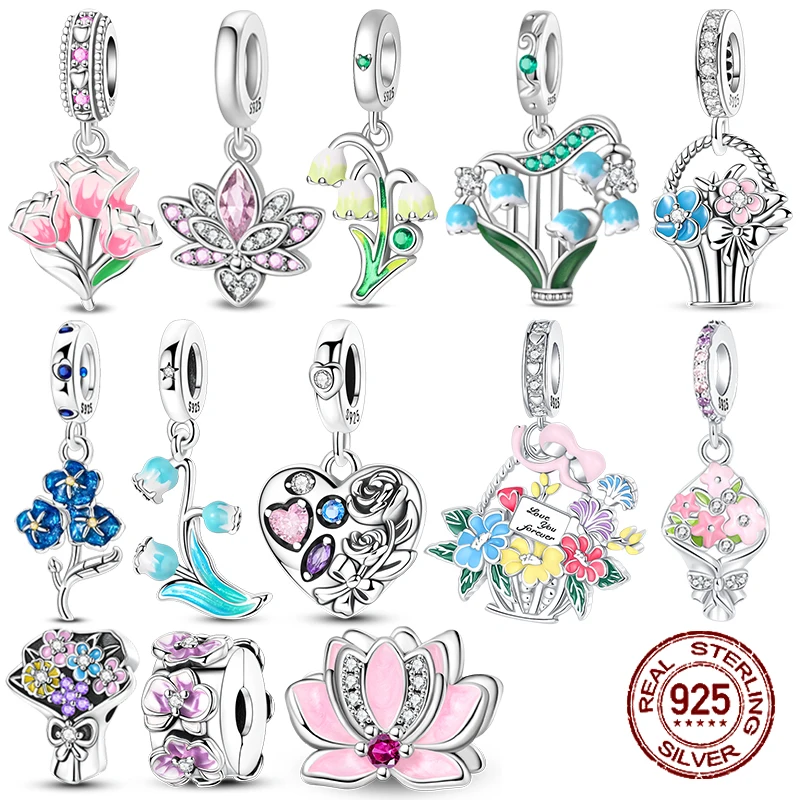 Abalorio de Plata de Ley 925 con Forma de Flor, Lirio de los Valles Colorido, Rosa, Loto y Ramo, Compatible con Pulseras, Regalo de Primavera para Mujer