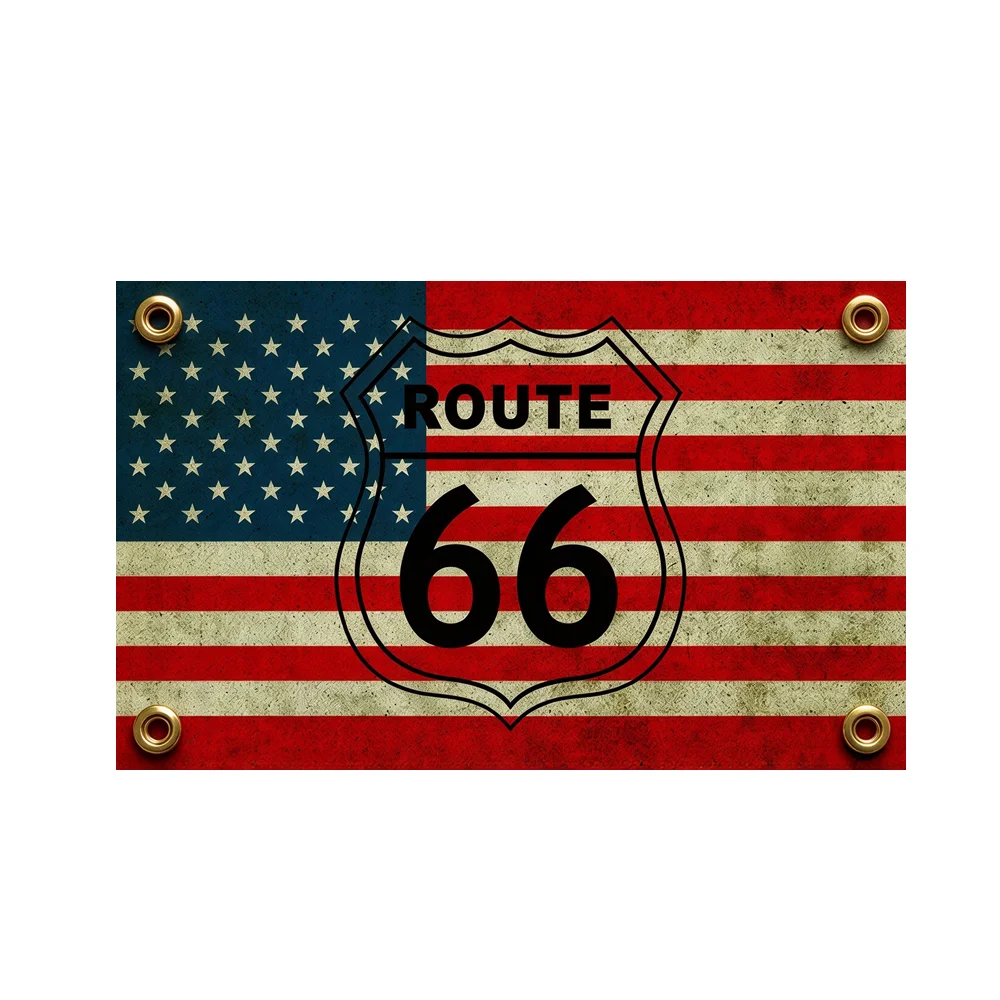Route 66 Vintage American Flag 2x3ft 3x5ft Polyester Banner Retro US Highway Sign Indoor Outdoor Wall Hanging Garage Decor