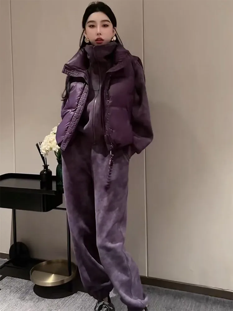 

European fashion casual suit 2025 winter new item thick cotton vest with plush sweatshirt and pants three piece set