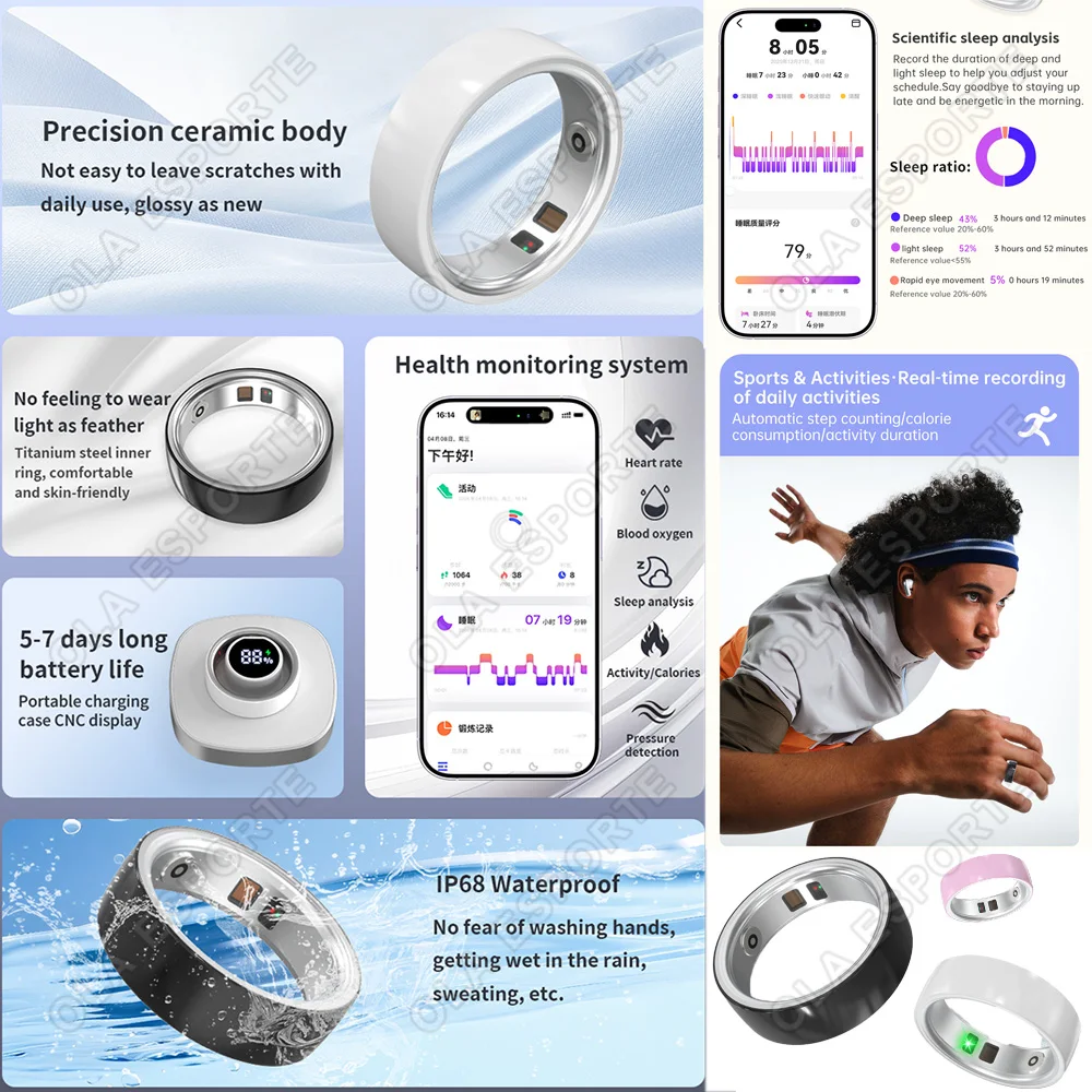Ceramic Smart Ring Heart Rate Blood Oxygen Sleep Monitoring IP68 Waterproof Sports Smart Rings Calorie Recording Pedometer R12