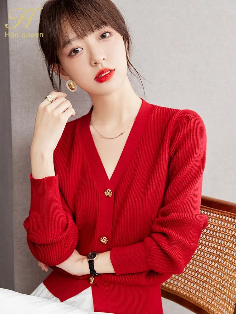 H Han Queen 2024 Autunno Inverno Coreano Con Scollo A V Rosso Cardigan Lavorato A Maglia Maglione Donna Casual Basic Manica Lunga Cardigan Vintage