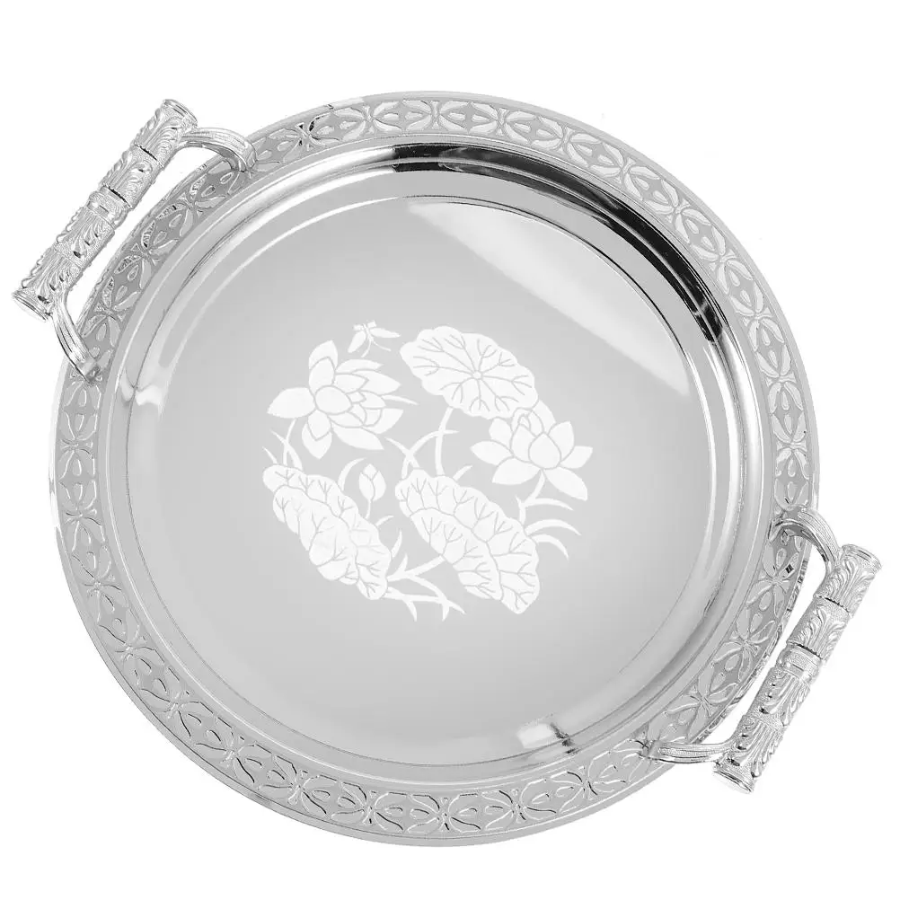 

Round Pattern Tray Silver 33 5cm Stainless Steel Plastic Fruit Snack Dessert Storage Tray Serving Bread Trinket Vanity Jewelry