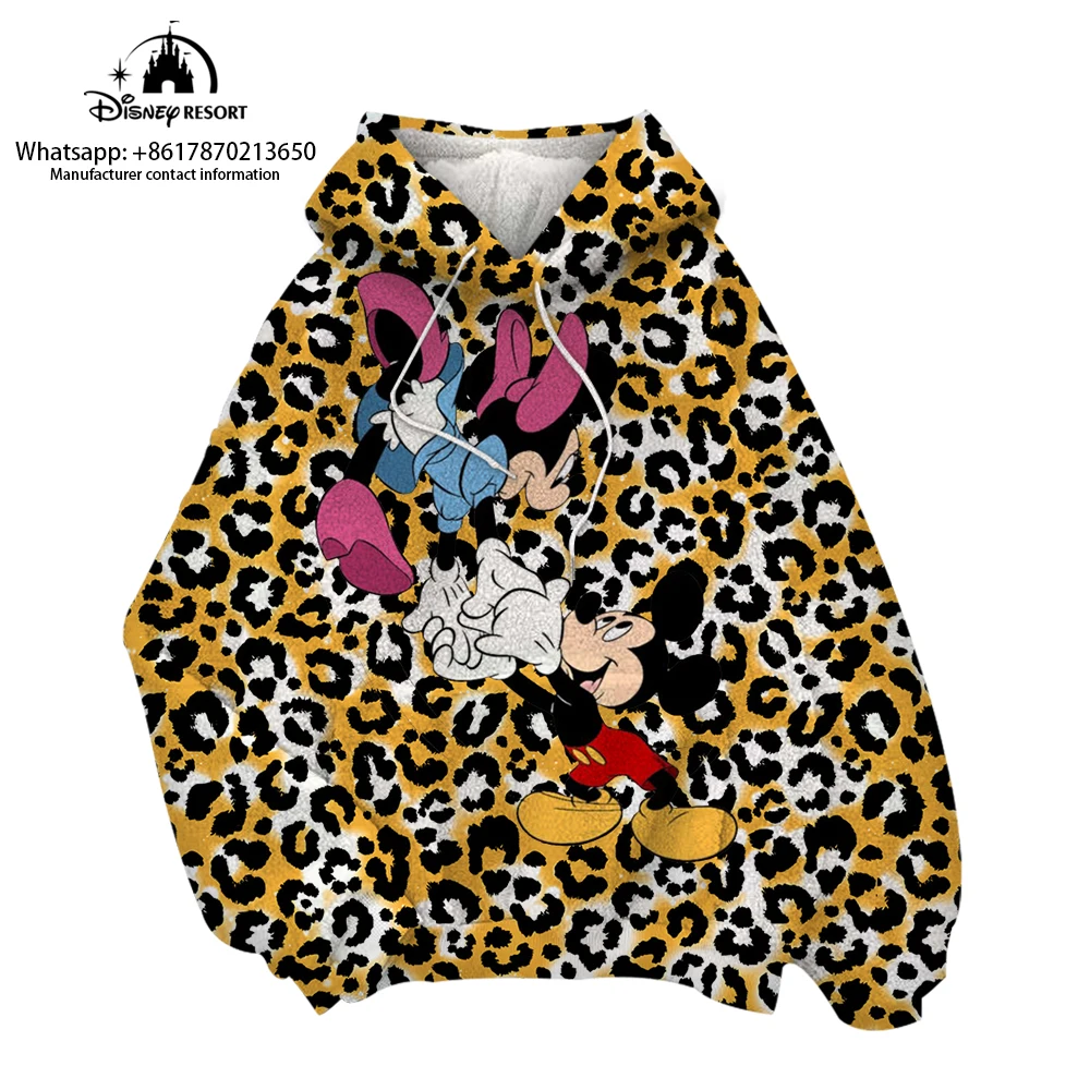 2022 Winter Hot Sale Kids Hooded Plush Sweater Mickey Minnie Anime Disney Crew Neck Ladies Fashionable Leopard Print Hoodie