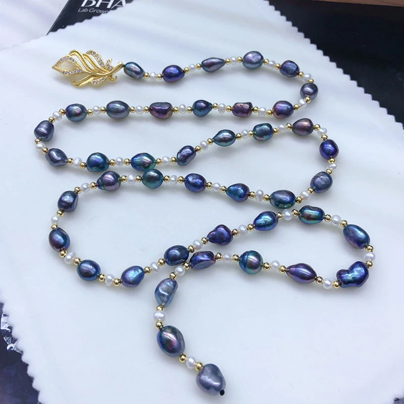 Irregular Baroque Freshwater Pearl Sweater Necklace, Black Blue, Medium Length, Fashionable and Versatile Vintage Accessory