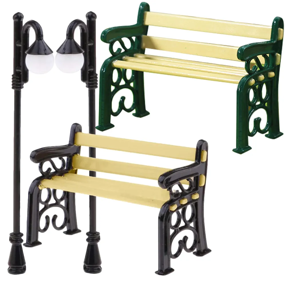 1Set Resin Mini Street Lamp Ornament Long Bench Mini Decoration Miniature Garden Scene Micro Landscape Accessory