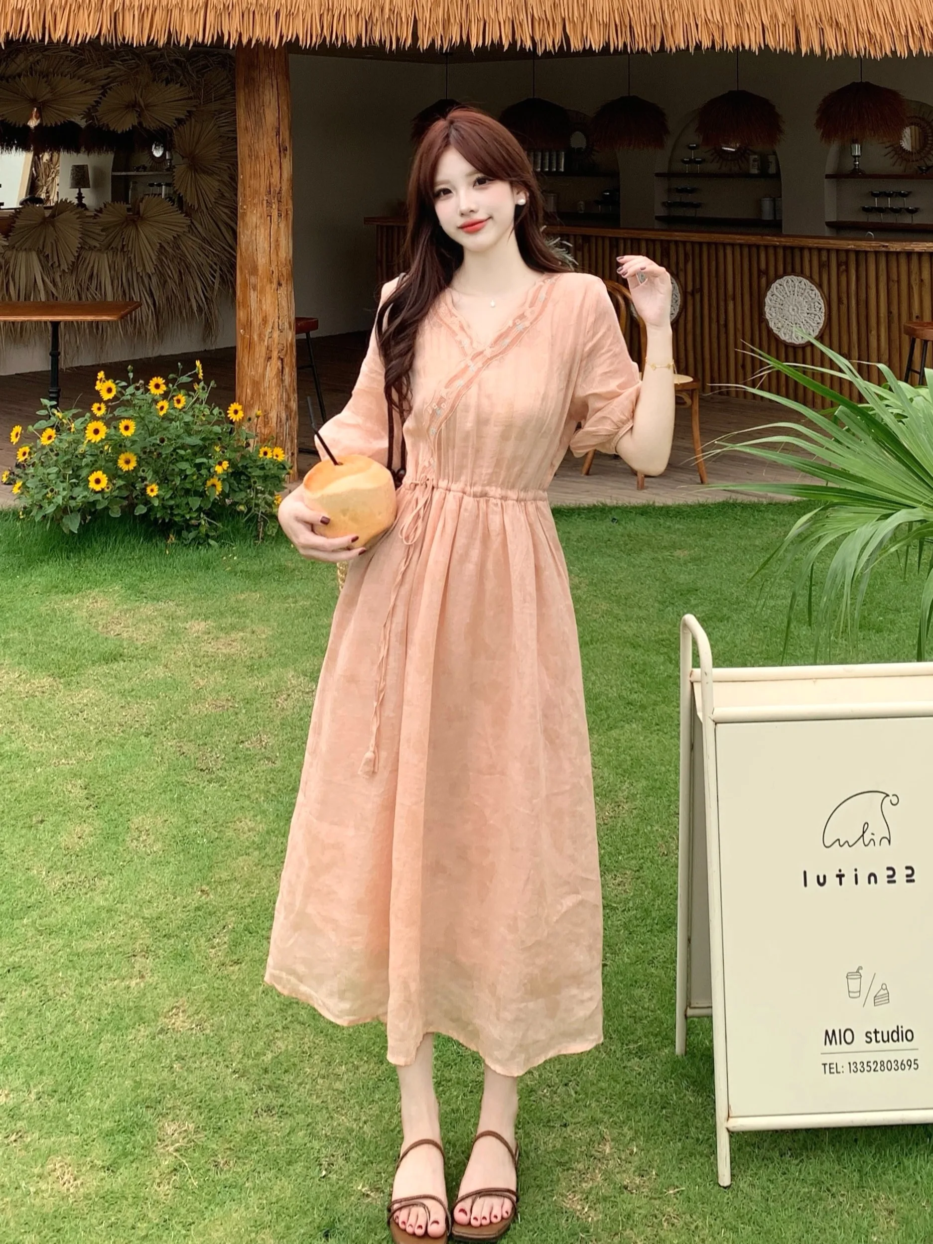 

plus Size Chinese Style V-Neck Waist-Cinching Long Dress New Summer Design Belted A-Line Skirt Korean Commute Style City Walk