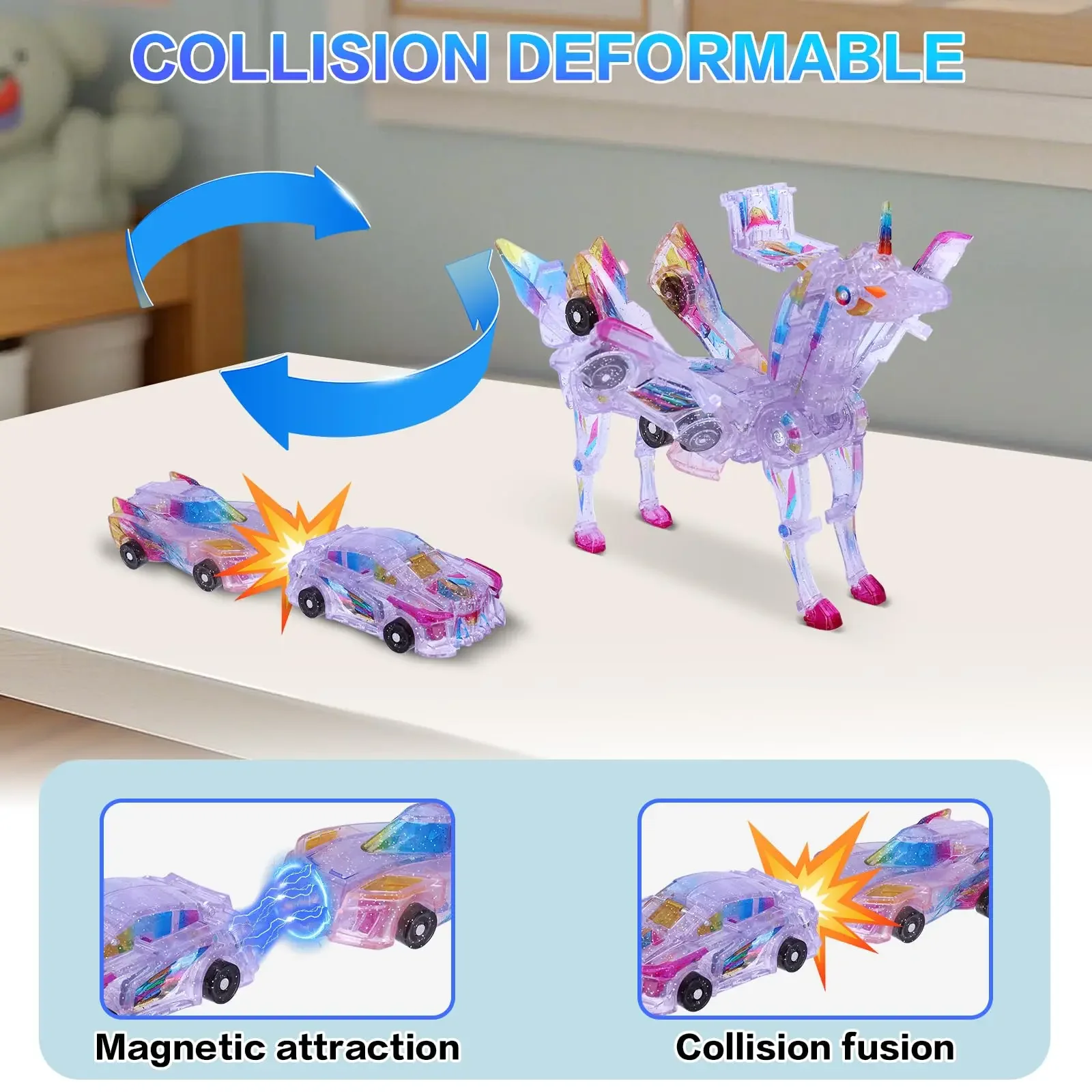 Crystal Pegasus Collision Fit Magnetic Deformation Car for Kids Figurines Pegasus Magnetic Collision Transformation Fun Toy