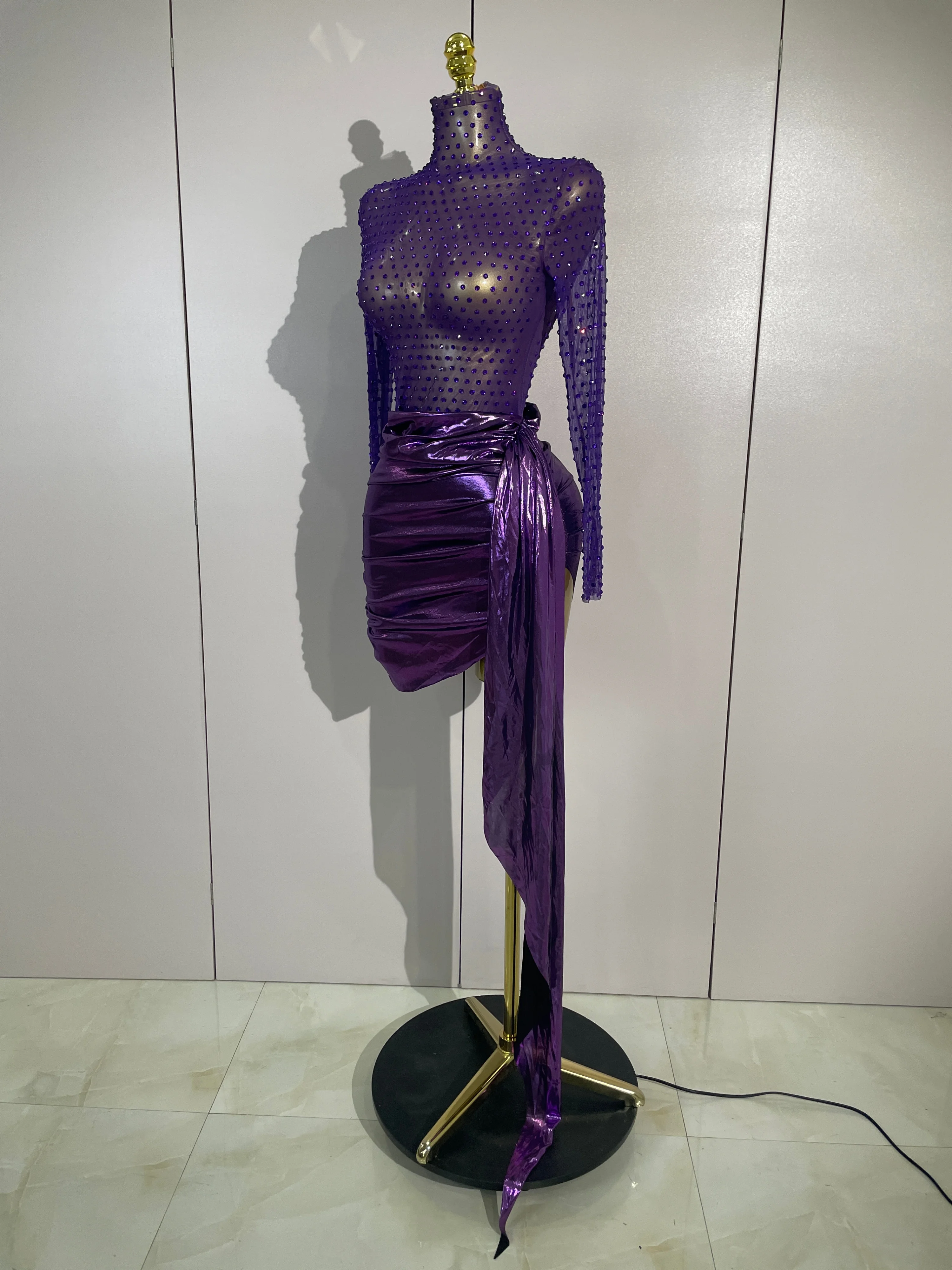 Sexy Mesh See Through Purple Long Sleeves Mini Dress Luxury Sparkly Diamond Birthday Evening Party Nightclub Team Stage Costume