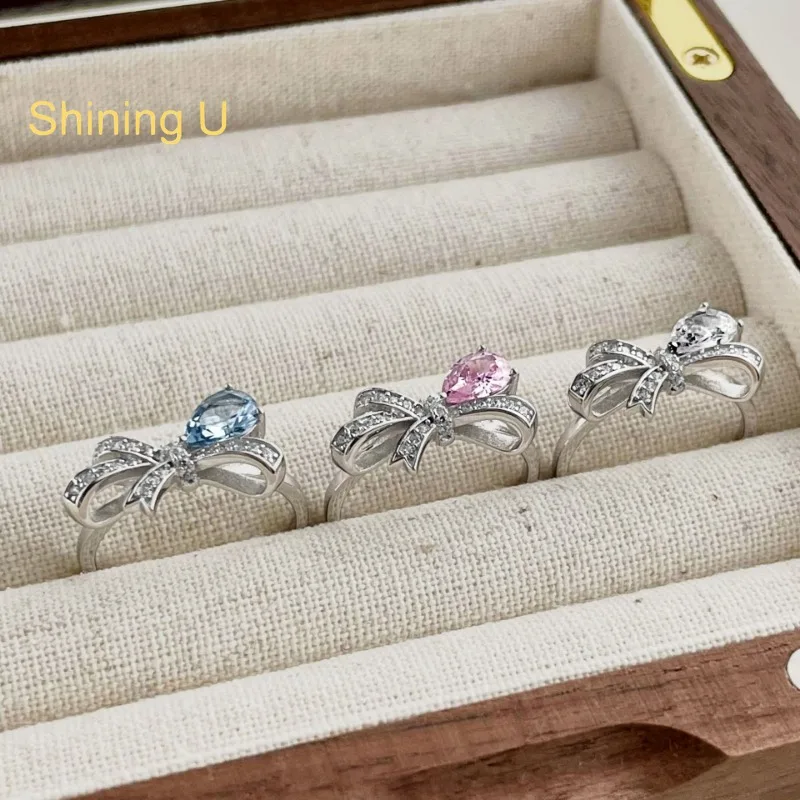

Сверкающее кольцо из стерлингового серебра 925 пробы с бантом и розовыми/голубыми грушевидными камнями для женщин, изысканное ювелирное украшение, подарок на день рождения, весна