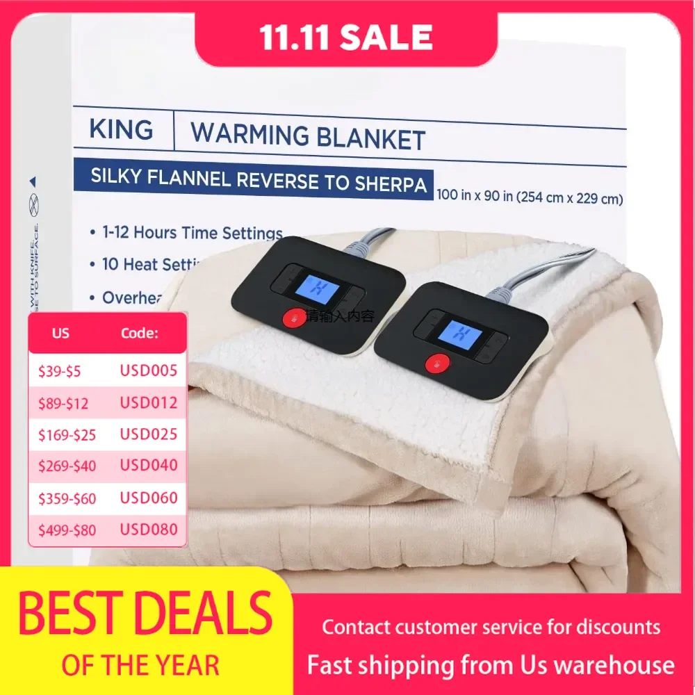 Electric blanket, heated blanket king size, with 10 heat levels and 1 to 12 hour heat time setting, flannel to Sherpa reversible