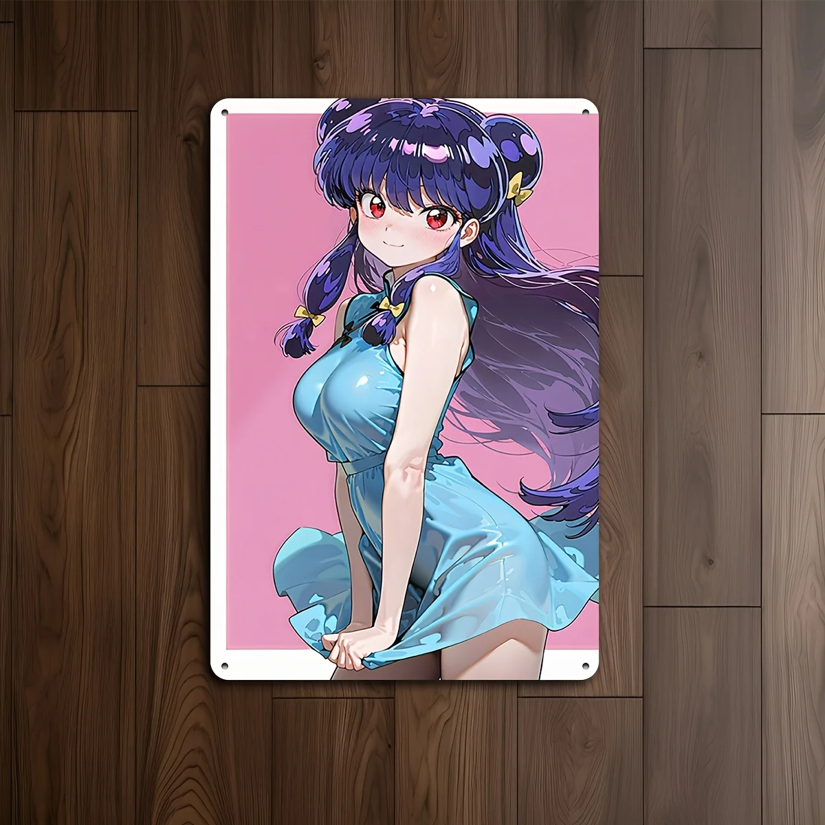 Ranma Anime Metallposter-Schild – Lebendige Wandkunst für Männerhöhle, Bar, Zuhause, Büro & Garagendekoration – Lila Haare & Rosa Hintergrund