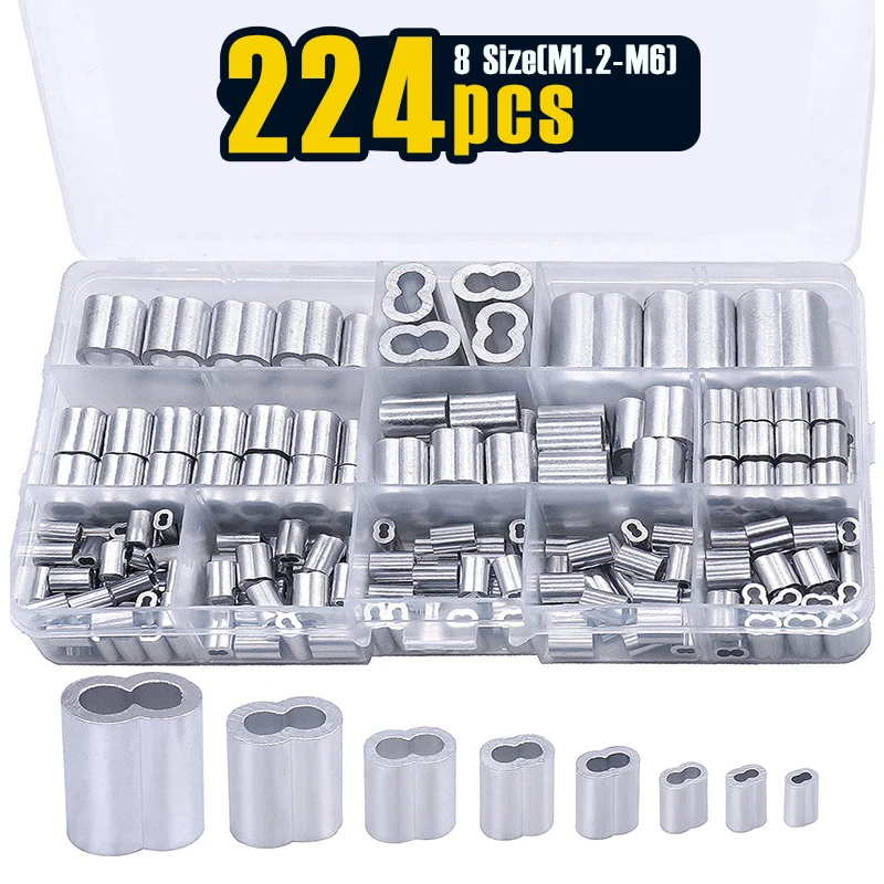 224PCS 8 Sizes Aluminum Crimping Loop Sleeve M1.2-M6(3/64''-1/4'') Wire Rope Sleeve Cable Crimp Ferrules for Wire Rope
