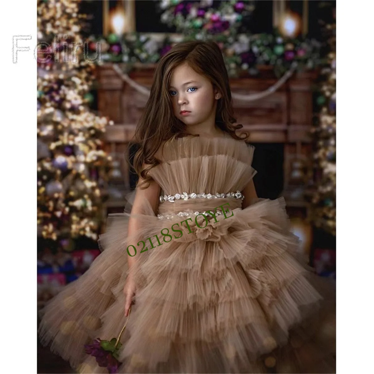 Stunning Tulle Flower Girl Dresses For Wedding Pearls Tiered A Line Illusion Sleeves Prom Gown First Communication Kids Dress