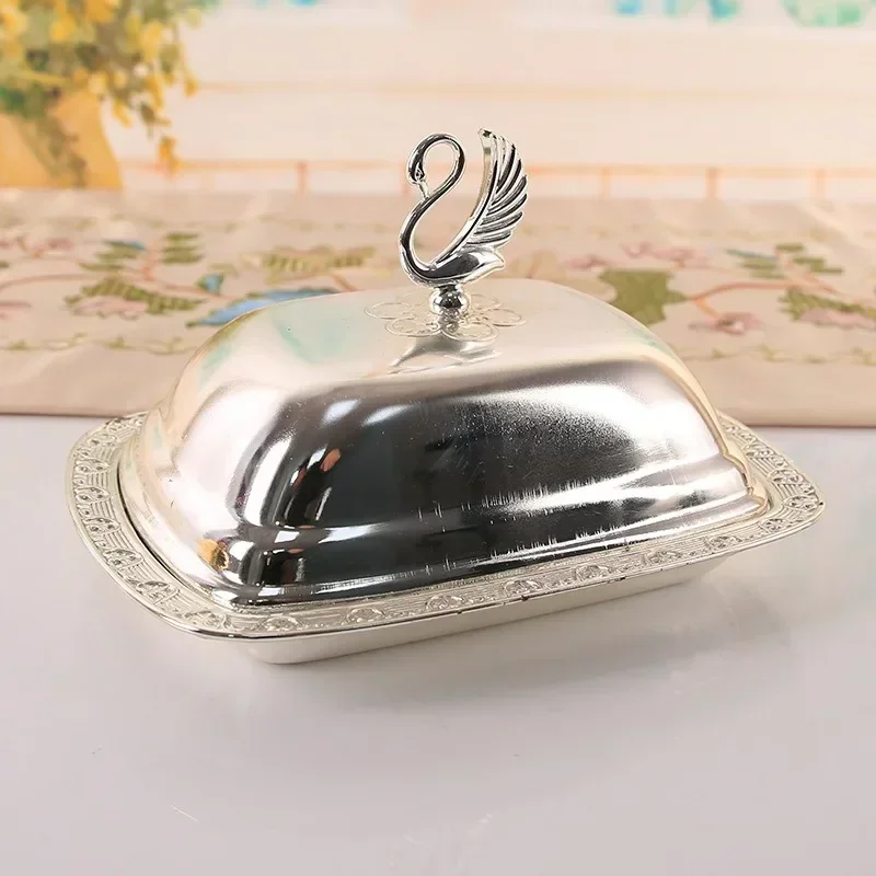 حاوية طعام ذهبية/فضية اللون، صينية طعام مقاومة للغبار مع غطاء من الفولاذ المقاوم للصدأ، صندوق طبق الزبدة، صينية تقديم، مستلزمات الفنادق #4