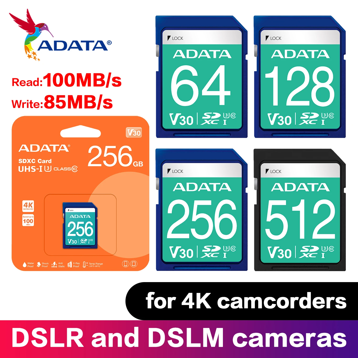 

Карта памяти ADATA V30 Pro UHS-I SDXC для 4K видеокамер, 64 ГБ, 128 ГБ, 256 ГБ, класс 10, U3, скорость чтения до 100 МБ/с.