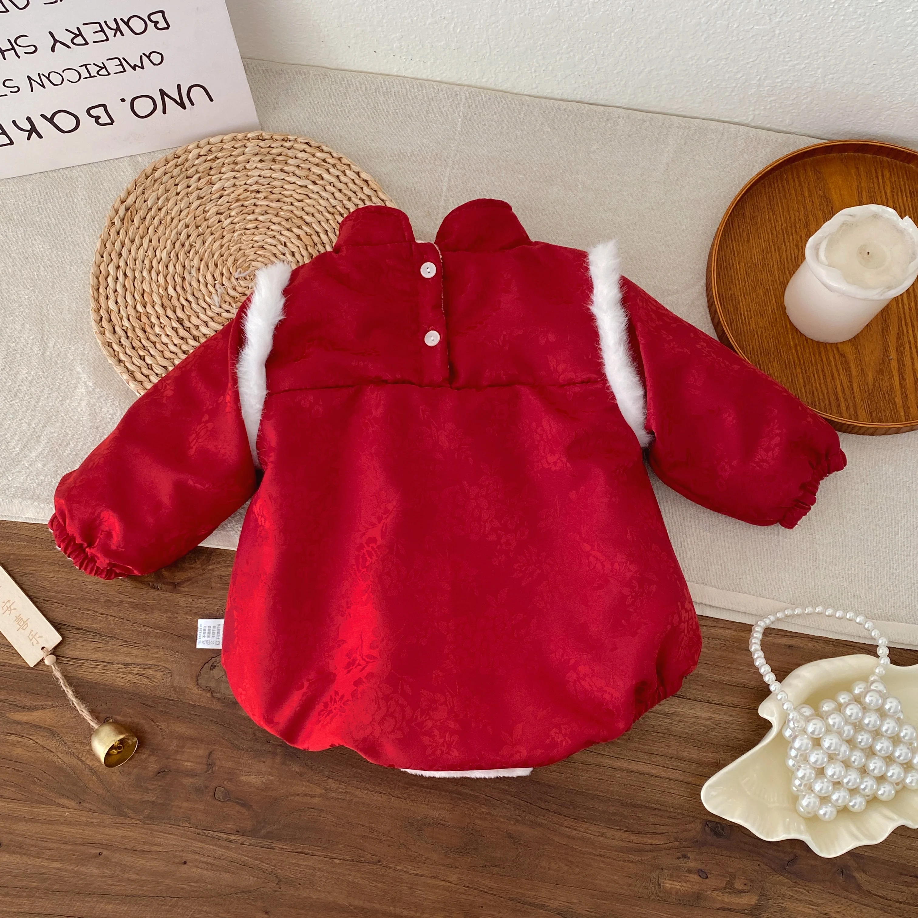 ملابس تهنئة للعام الجديد للفتيات الصغيرات، بذلة مثلثة منفوشة بأكمام طويلة على الطراز الصيني مع أزرار، لحديثي الولادة C #2