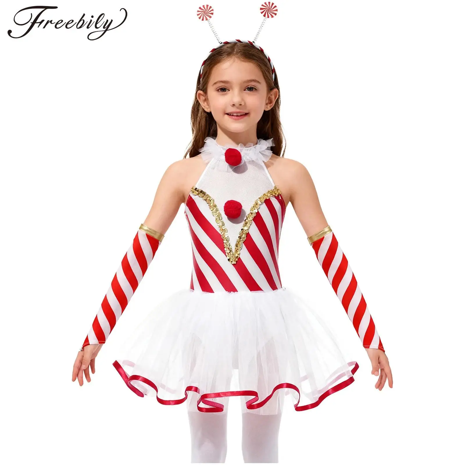 Niñas Navidad sin mangas rayas Ballet danza tutú patinaje gimnasia leotardo vestido con mangas aro para el pelo disfraz de bastón de caramelo
