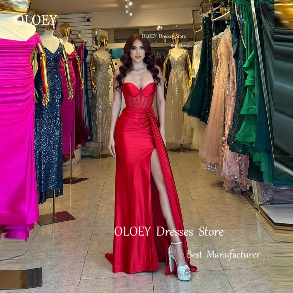 

OLOEY 2023 Sexy Sweetheart Split Mermaid Prom Dresses Straps High Split Pleats Arabic Women Party Dress Long Evening Gowns