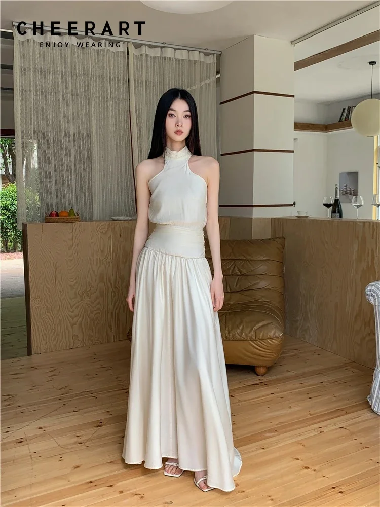 CHEERART Turtleneck Sleeveless White Long Luxury Dresses Women 2024 Chiffon Tunics Evening Elegant Maxi Ladies Dress