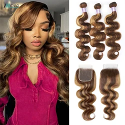 Allove Highlight Bundles With Closure Brazilian Ombre Body Wave Bundles With Closure P4/27 Brown Color Remy Hair Weave Bundles