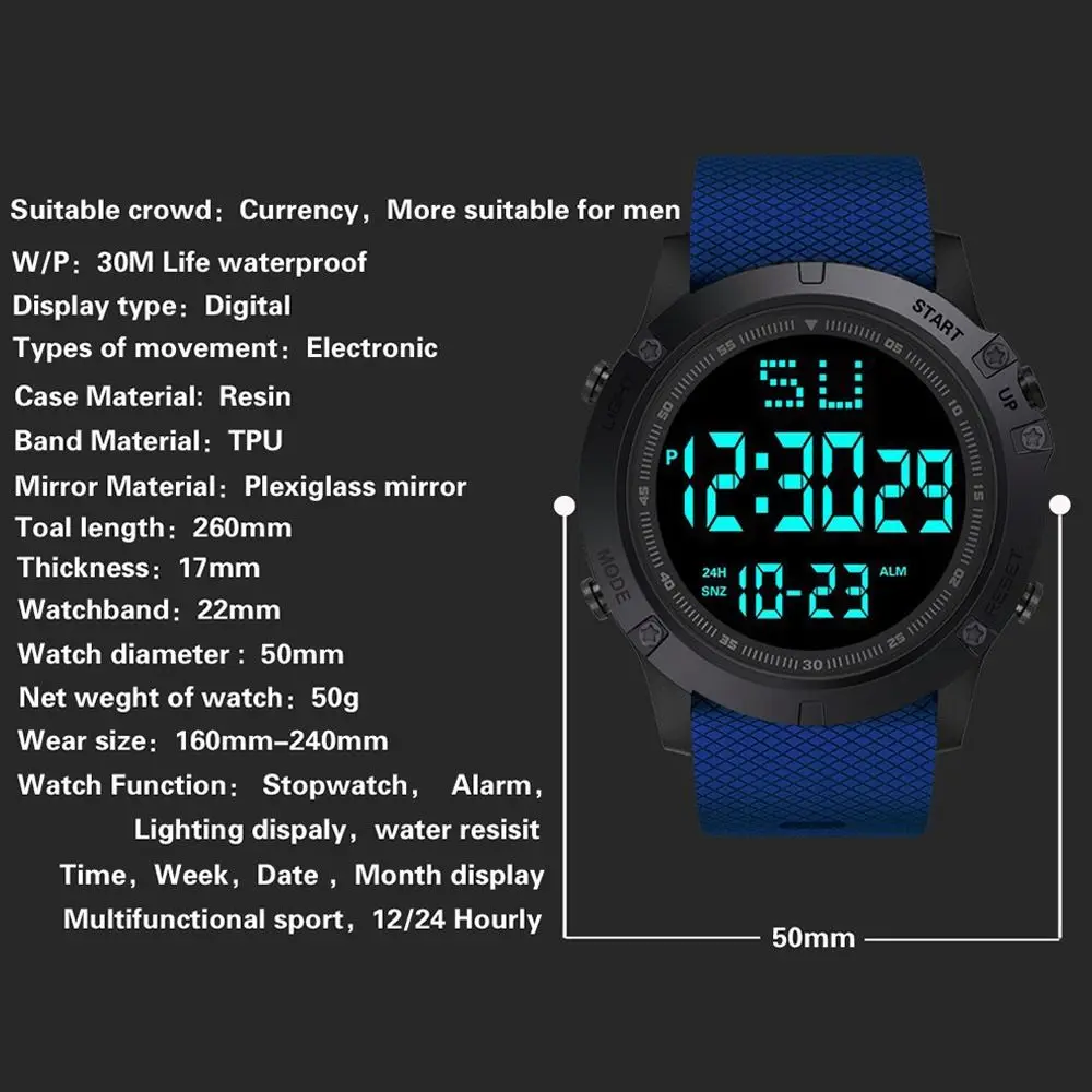 Reloj deportivo impermeable de esfera grande para hombre, reloj Digital Simple informal, pantalla LED multifuncional